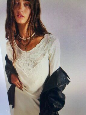 Free People Butterfly Cuff Waffle Knit Embroidered Lace Thermal Top - M